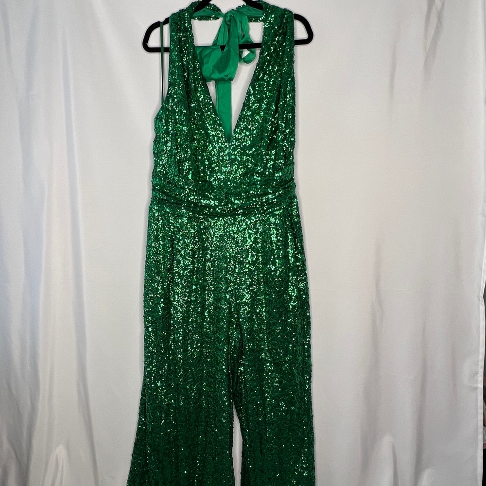 New York & Company Gabrielle Union Green Sequin Halter Jumpsuit